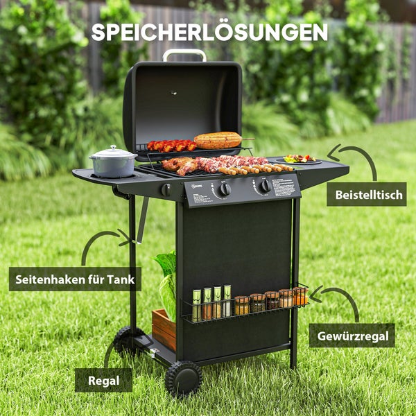 Outsunny Gasgrill 7 KW Grillwagen inkl 3 Brenner Seitenkocher Rolle Druckminderer Deckel Gasschlauch 2 Heizzonen Thermometer Seitenablagen, BBQ Gartengrill für Balkon, Grill 107 x 54 x 96 cm