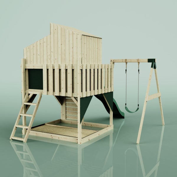 Spielturm aus Holz mit Rutsche und Schaukel