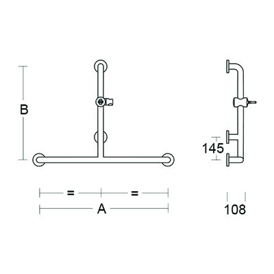 Technische Zeichnung eines T-förmigen Haltegriffs mit Bemaßungen für Breite A, Höhe B und Tiefe 108 Millimeter.