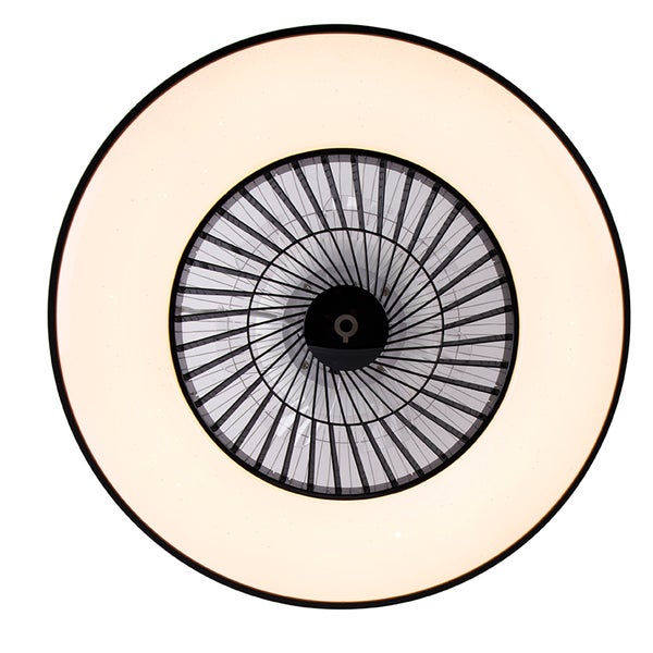 Runder Deckenventilator mit integriertem LED-Lichtring und Schutzgitter in der Ansicht von unten.