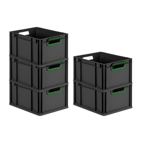 PROREGAL SparSet 5x Eurobox NextGen Color, HxBxT 22x30x40cm, 20 Liter, Griffe grün offen, Schwarz, Eurobehälter, Transportbox, Transportbehälter, Stapelbehälter