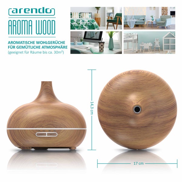 Arendo Aroma Diffuser, Luftbefeuchter, Vernebler in Holz Optik, Diffusor mit 7 Farben LED, Timer Funktion, 300ml, Hellbraun