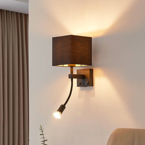 Lindby Wandleuchte, Wandlampe Innen Thoridmit USB Anschluss (Modern) in Schwarz aus Textil (2 flammig E27) - Wandstrahler Wandbeleuchtung Schlafzimmer / Wohnzimmer Wohnzimmerleuchte