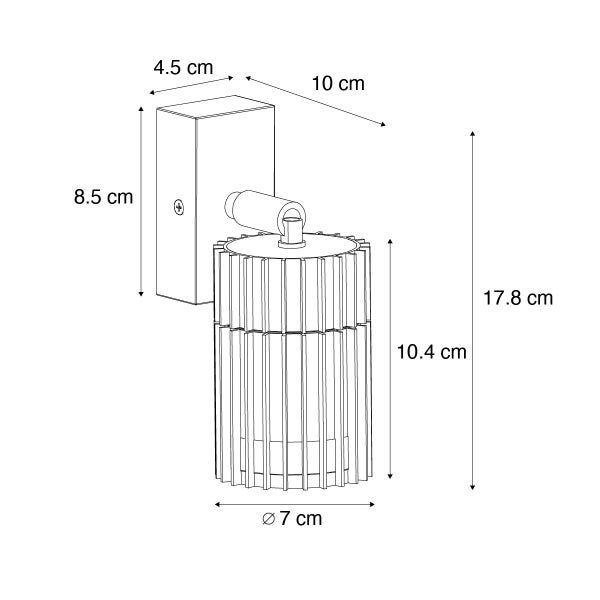 Maßzeichnung einer Wandleuchte. Gesamthöhe 17,8 Zentimeter, Tiefe 10 Zentimeter. Wandhalterung 8,5 mal 4,5 Zentimeter. Durchmesser 7 Zentimeter.