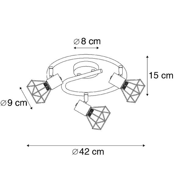 Technische Zeichnung einer Deckenleuchte mit drei Strahlern und Maßangaben