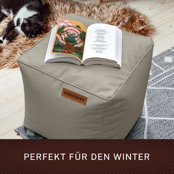 Grauer Sitzwürfel mit Buch und Katze