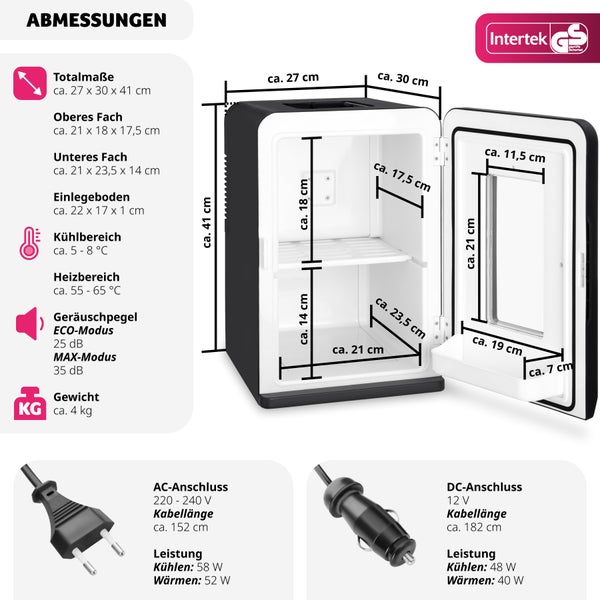 Tragbarer Mini-Kühlschrank tectake  27 x 31 x 41 cm 2 in 1 Kühl- und Heizfunktion schwarz