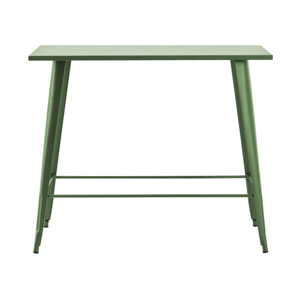Grüner Metalltisch mit rechteckiger Platte, vier ausgestellten Beinen und stabilisierenden Querstreben.