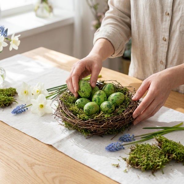 Person dekoriert Osternest aus Zweigen und Moos mit gefleckten Eiern und Frühlingsblumen auf einem Holztisch.