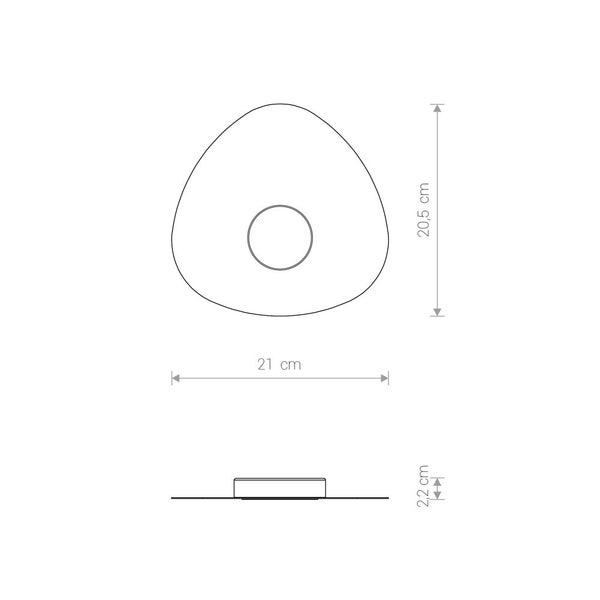Technische Zeichnung einer Leuchte mit den Maßen 21 mal 20,5 mal 2,2 Zentimeter