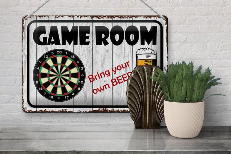 Blechschild Spruch 30x20cm Dart game room bring your Beer