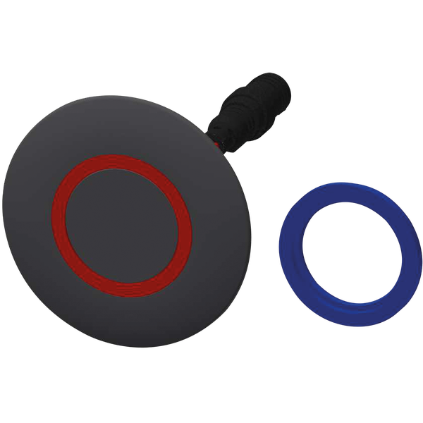 Elektronischer Sensortaster mit rotem Leuchtring und zusätzlichem blauem Austauschring.