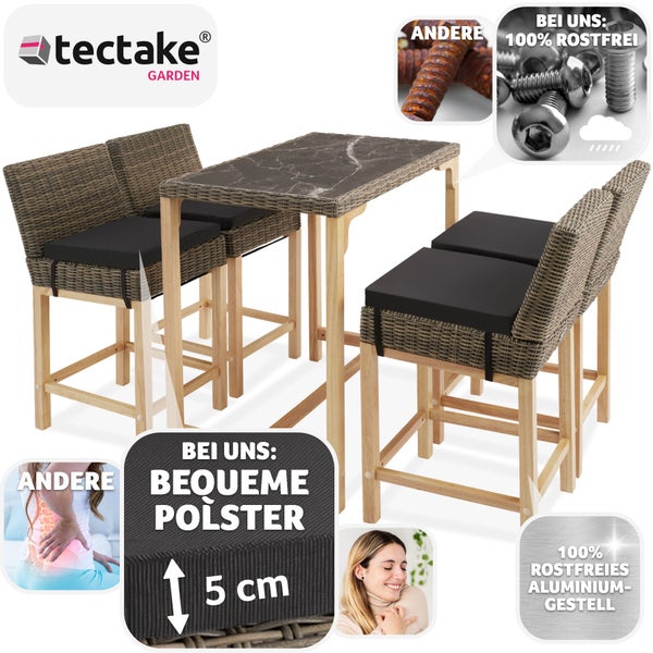 Rattan Tisch Kutina mit 4 Stühlen Latina tectake  Beine aus Holz mit Aluminiumgestellen natur
