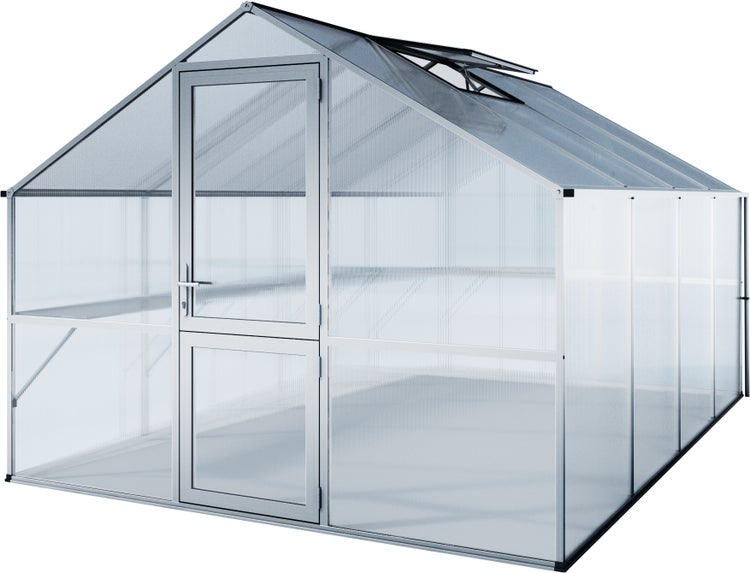 Gewächshaus mit Aluminiumrahmen und Polycarbonatplatten, Satteldach, eine Tür und ein geöffnetes Dachfenster.