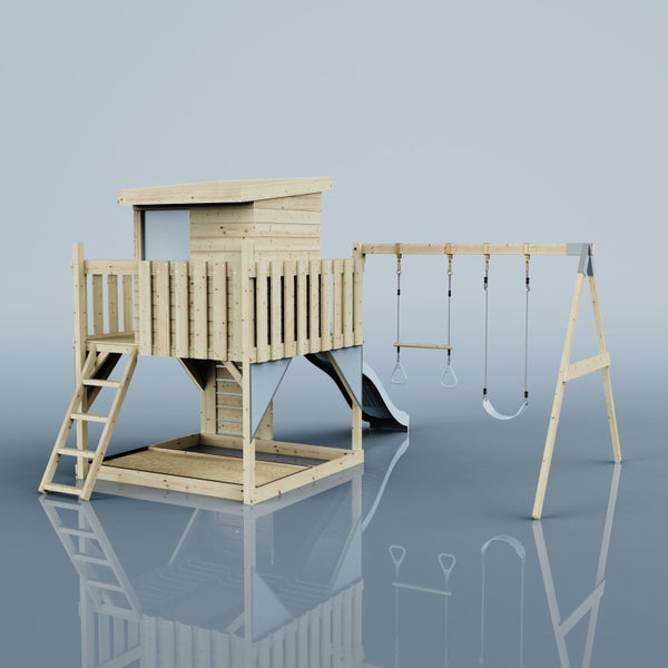 Spielturm aus Holz mit Spielhaus, Rutsche, Schaukel, Trapezstange mit Ringen und integriertem Sandkasten.