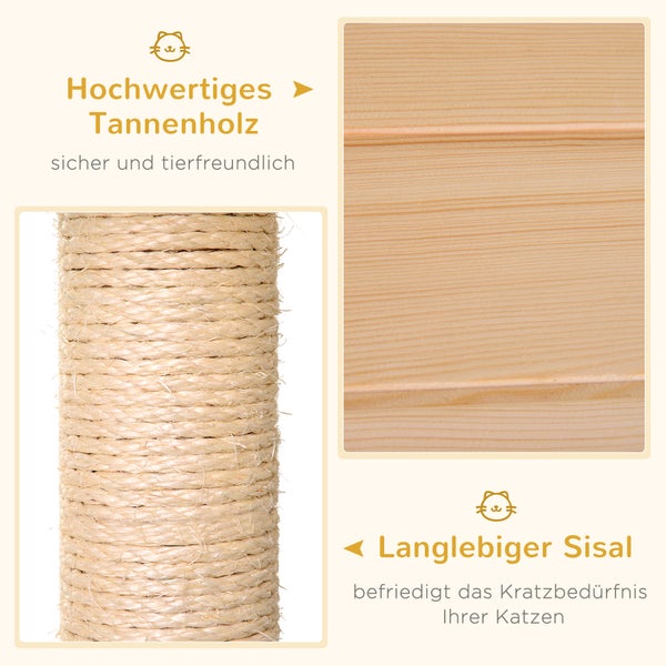 Detailansicht eines Kratzbaums mit Sisal umwickelt und Tannenholz