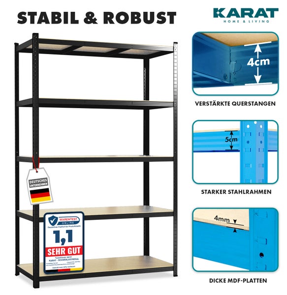Karat Home und Living Logo. Schwerlastregal mit Stahlrahmen und Holzböden. Verstärkte Details und Siegel für deutsche Qualität.