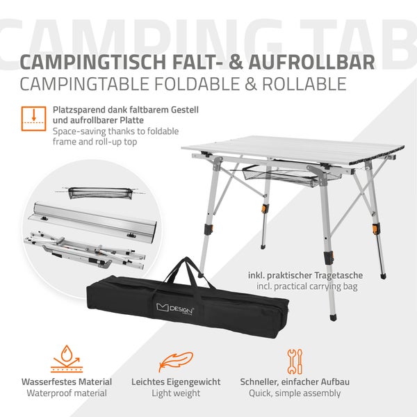 ML-Design Campingtisch faltbar Silber, 90x51,5 cm, Aluminium Klapptisch höhenverstellbar 46-66,5 cm, Belastbarkeit 30kg, Aufrollbare Tischplatte, Falttisch klappbar, Gartentisch Balkontisch Reisetisch
