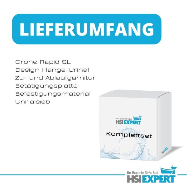 Lieferumfang Urinal Komplettset mit Grohe Rapid SL, Design Hänge-Urinal, Zu- und Ablaufgarnitur, Betätigungsplatte, Befestigungsmaterial und Urinalsieb