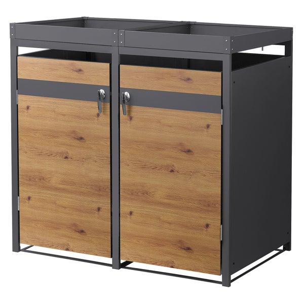 Mülltonnenbox für zwei Tonnen mit Metallrahmen und Fronten in Holzoptik.