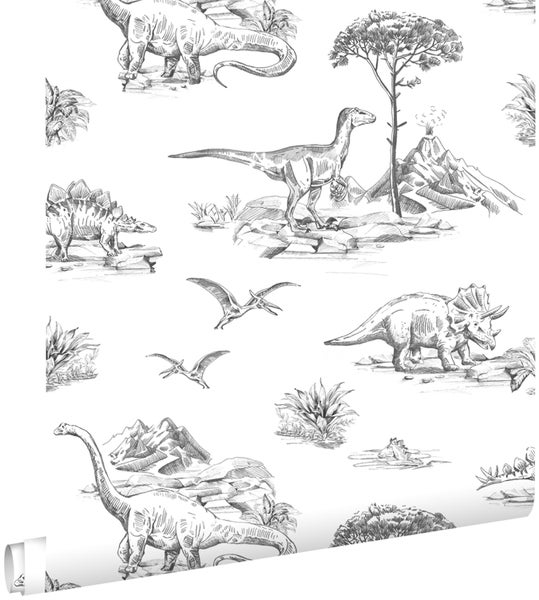 ESTAhome Tapete Dinosaurier Schwarz-Weiß - 53 cm x 10.05 m - 139269