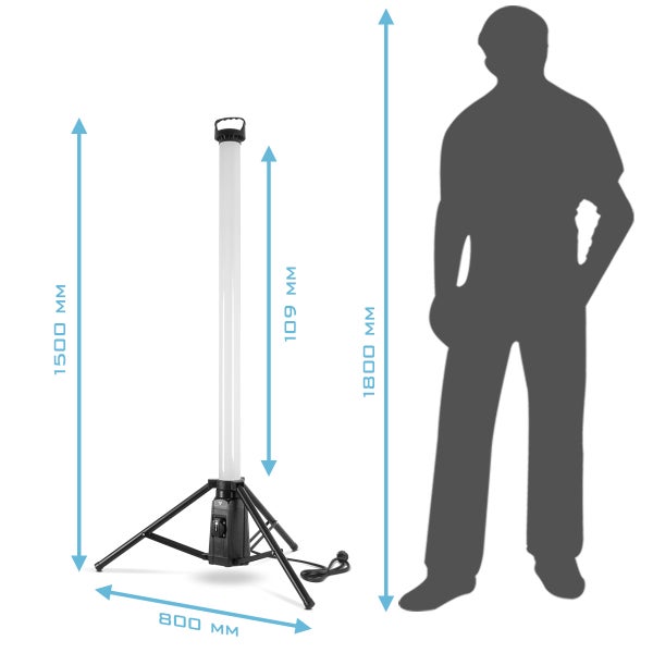 LED-Baustrahler auf Stativ mit Größenangaben