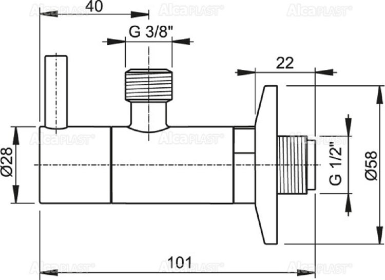 Technische Zeichnung Eckventil: Länge 101 Millimeter, Anschlüsse G 3/8 Zoll und G 1/2 Zoll, Durchmesser 28 und 58 Millimeter.