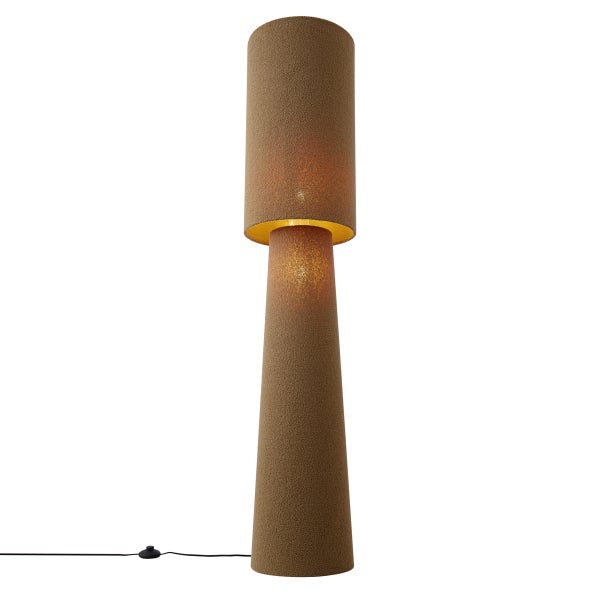 Moderne Stehleuchte mit braunem strukturiertem Schirm und konischem Fuß, warmes Licht und Fußschalter.