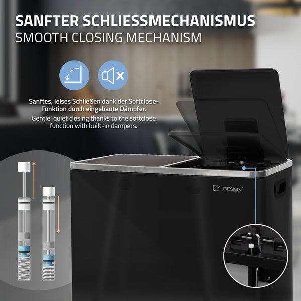ML-Design Mülleimer Küche 2x 30L (60L), Schwarz glänzend, Mülltrennsystem 2 Fächer, Treteimer zur Mülltrennung, Abfalleimer aus Stahl, herausnehmbarer Kunststoff Inneneimer, Klappdeckel, Softclose