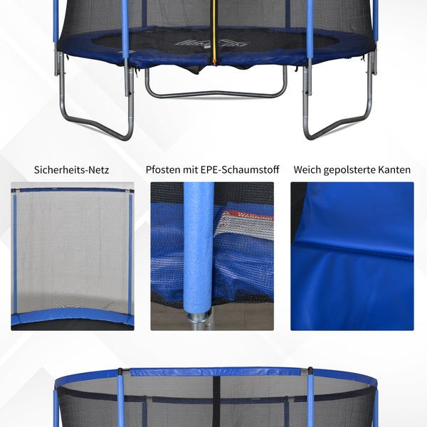 HOMCOM Fitnesstrampolin mit Sicherheitsnetz, Gartentrampolin für Innen- und Außenbereich, bis 113,6 kg für Kinder und Erwachsene, Ø244 x 240H cm, Stahl, Blau+Schwarz