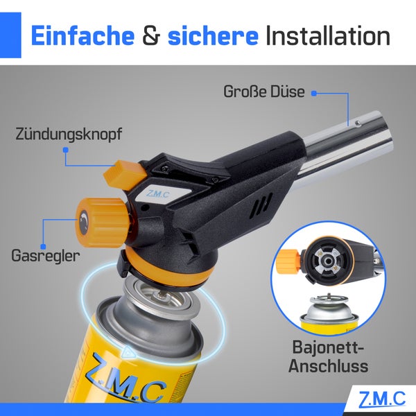 Z.M.C Gasbrenner 1,3kW + 24x Gaskartuschen 227g, Flambierbrenner, Temperatur bis zu 1300°C, Bunsenbrenner Lötbrenner mit Piezozündung, Küchenbrenner mit einstellbare Flamme, Abflammgerät
