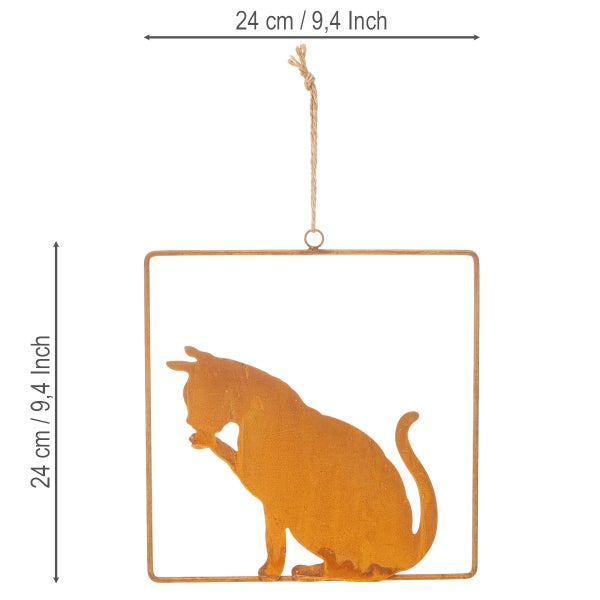 Dekorative Hängedekoration aus Metall, quadratischer Rahmen mit Katzen-Silhouette, 24 mal 24 Zentimeter.
