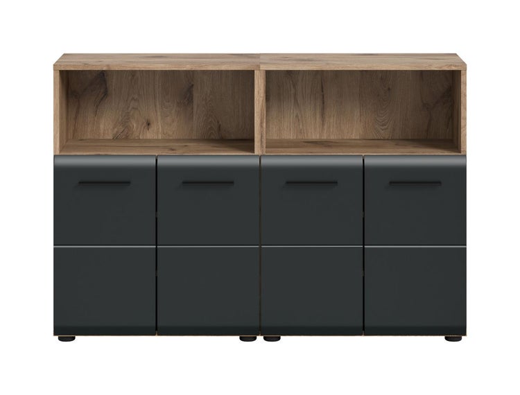 Sideboard mit zwei offenen Fächern in Holzoptik und vier Türen in Anthrazit mit schwarzen Griffen.