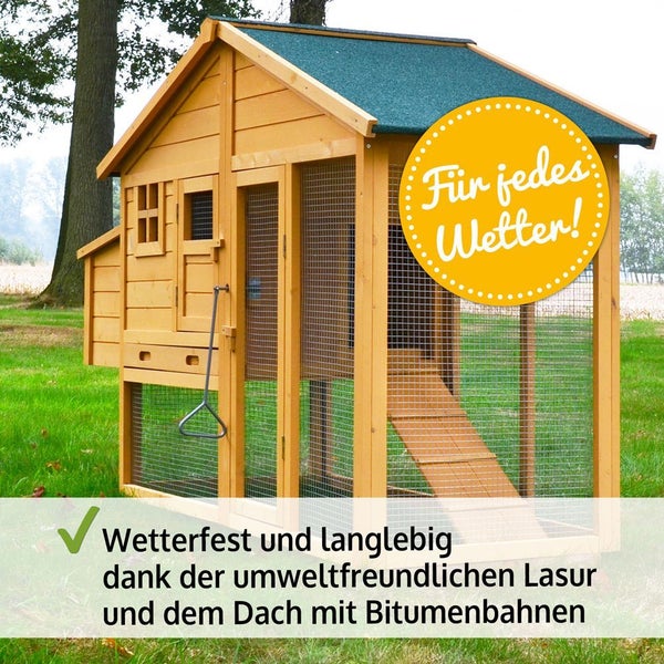 Hühnerstall aus Holz mit Auslaufgehege, Bitumendach und Rampe, wetterfest lasiert.
