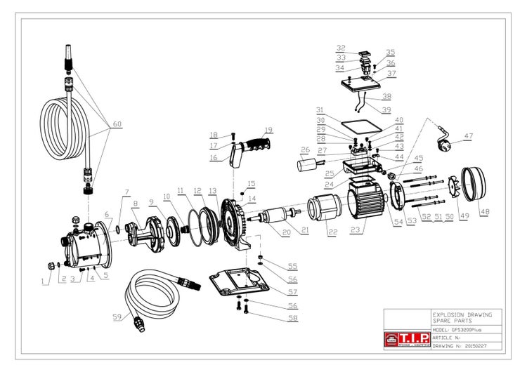 Explosionszeichnung von Ersatzteilen für ein Gerät.