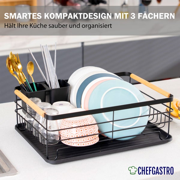 CHEFGASTRO Abtropfgestell Geschirr | HxBxT 14x42x30cm | Stahl/Holz | mit Besteckhalter & Abtropfbrett, Geschirrabtropfgestell Abtropfständer