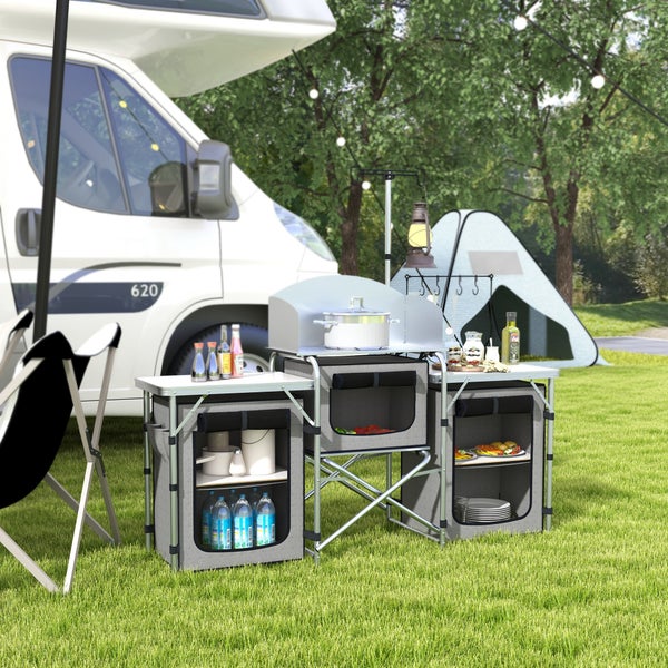 Outsunny Campingküche klappbar, Outdoor Küche mit Windschutz, 3 Schränkfach, 3 Arbeitsplatten, Verstellbar Lichtständer, für Camping, Garten, Aluminium, Oxford, Grau