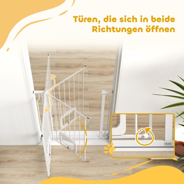 Türschutzgitter für Haustiere mit kleiner Tierklappe, Verriegelung und einer Tür, die sich in beide Richtungen öffnen lässt. PawHut Logo.