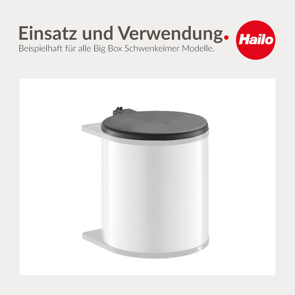 Hailo Logo. Darstellung eines Big Box Schwenkeimers als Beispiel für den Einsatz und die Verwendung dieser Modelle.