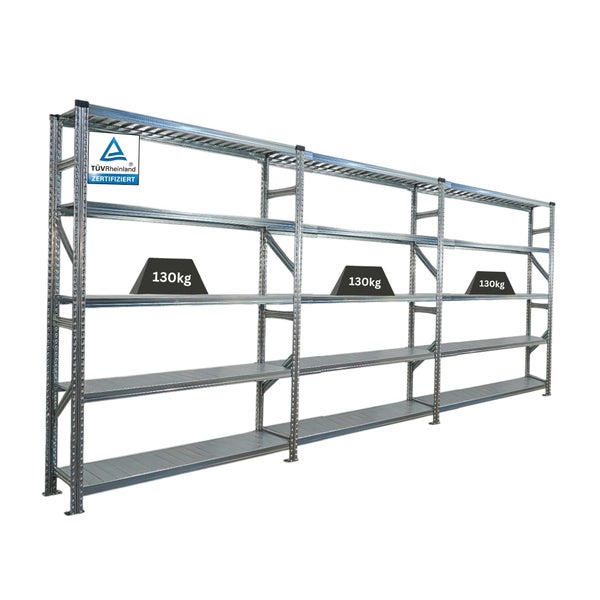 Metallregal mit vier Ebenen und einer Traglast von 130 Kilogramm pro Ebene, TÜV Rheinland zertifiziert