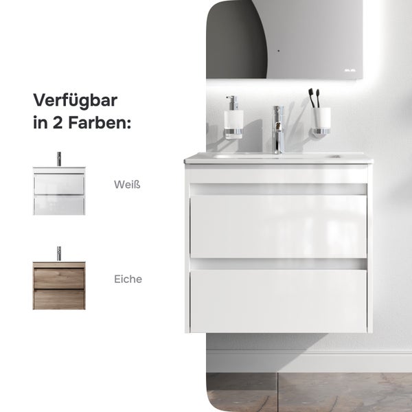 Moderner Waschtischunterschrank mit zwei Schubladen inklusive Waschbecken und Spiegel in einem Badezimmerkontext, erhältlich in zwei Farben.