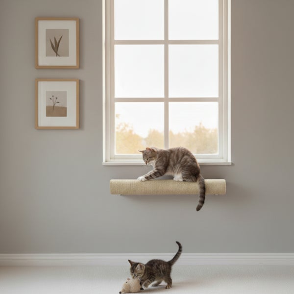 Wandmontiertes Katzenregal mit Sisaloberfläche unter einem Fenster, auf dem eine Katze sitzt, während ein Kätzchen auf dem Boden spielt.