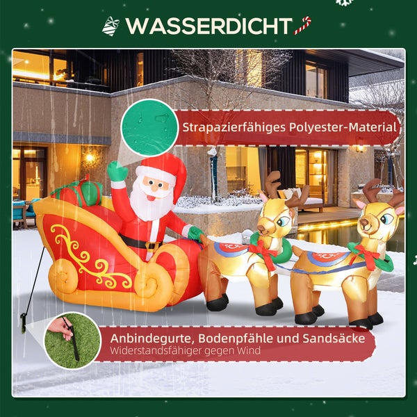 Aufblasbarer Weihnachtsmann im Schlitten mit zwei Rentieren, wasserdichtes Polyester-Material, inklusive Bodenpfählen zur Befestigung.
