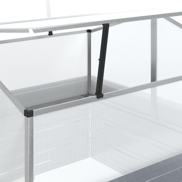 Fensteraufsteller für ein Frühbeet mit Aluminiumrahmen und Hohlkammerplatten.