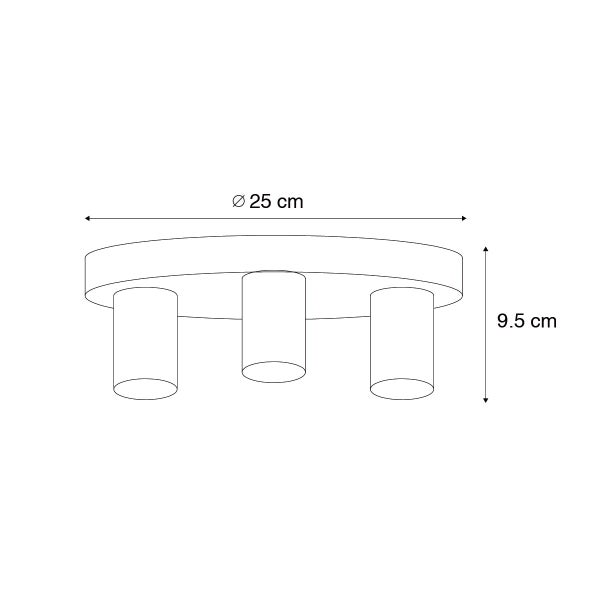 Technische Zeichnung einer Deckenleuchte mit drei Strahlern, Durchmesser 25 cm, Höhe 9,5 cm.