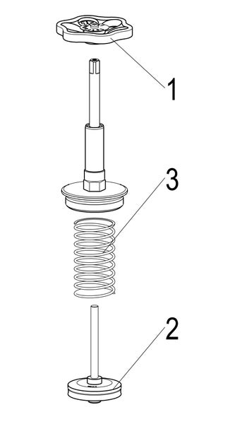 Explosionszeichnung eines Ventiloberteils mit nummeriertem Handrad, Spindel, Feder und Ventilkegel.
