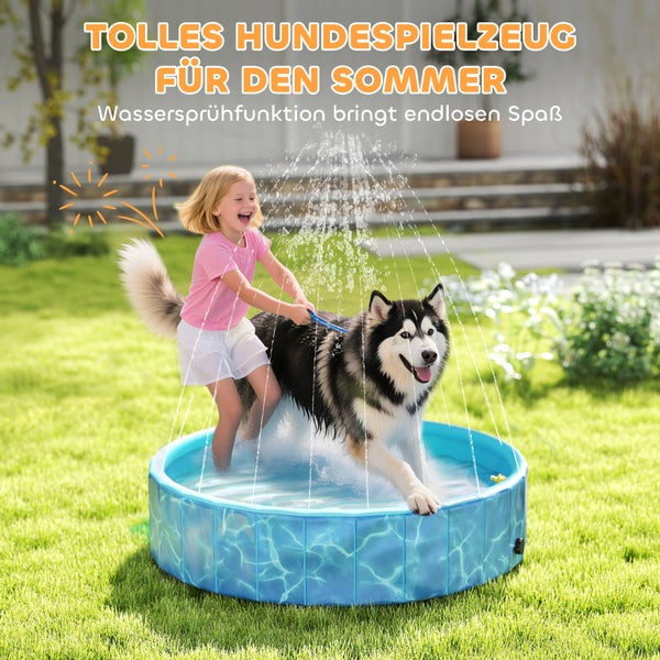 Hund und Mädchen spielen in einem Planschbecken mit Wassersprühfunktion im Garten.
