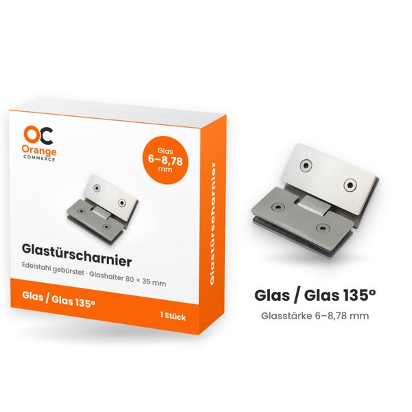 Orange Commerce Glastürscharnier aus gebürstetem Edelstahl für Glas Glas Verbindungen mit 135 Grad Öffnungswinkel und Glasstärke von 6 bis 8,78 mm