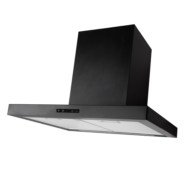 Schwarze Wand-Dunstabzugshaube mit Touch-Bedienfeld und Metall-Fettfiltern.