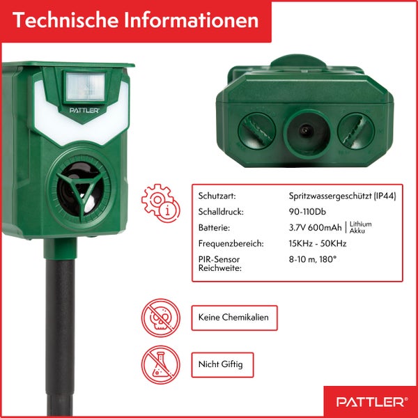 PATTLER® Solar Tierschreck, Marderschreck, Hundeschreck - Bewegungssensor mit 10m Reichweite - Flammenlicht zur Abschreckung - effektiv gegen Hunde, Marder, Füchse und andere Tiere